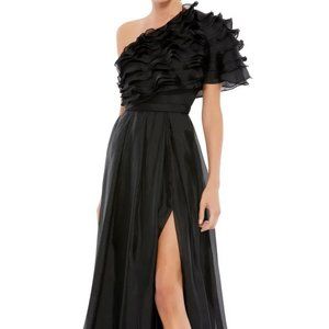 Mac Duggal Black Ruffle Chiffon One-Shoulder Gown